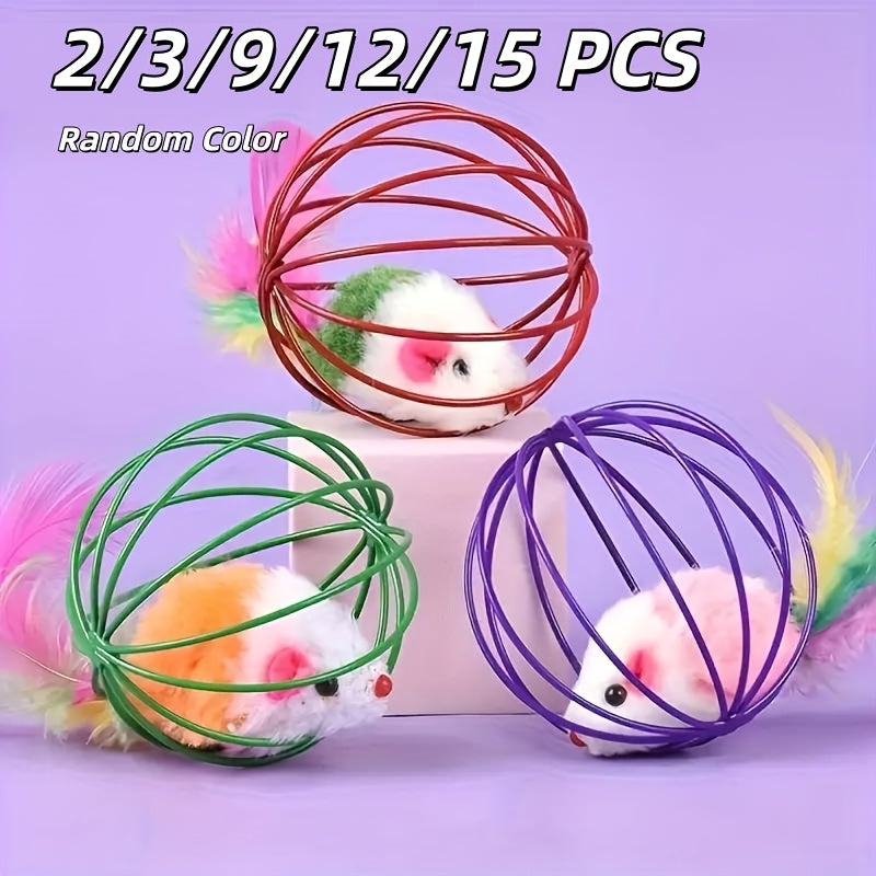 Cage Ball Cat Toys with Feathers & Tails – Wire Cage Interactive Toy Set for Cats, Colorful Fake Feather Rattling Ball Toys for Kittens, Durable Fabric Cat Enrichment Toys, No Battery, Multi-Pack Options