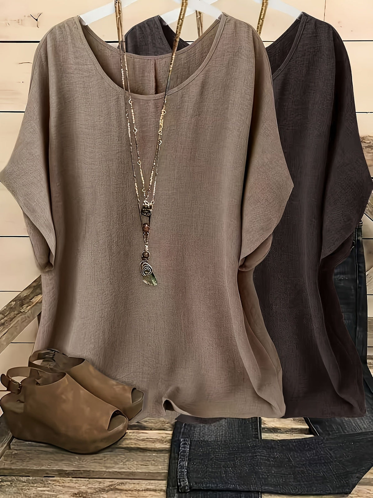 Women's Batwing Sleeve Shirt 2pcs Set Casual Vacation Round Neck Solid Color Loose Top S-XXL Multiple Colors | US Warehouse Fast Shipping