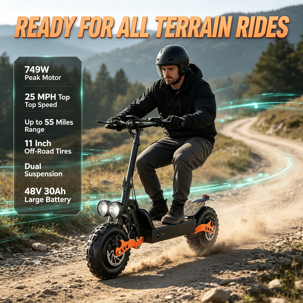 Electric Scooter for Adults 749W Motor 55 Miles Range – 48V 30Ah Battery, 11" Off-Road Tires, Full Suspension, Long Distance Commuter & Trail E-Scooter for Heavy Duty Riders GT26 / GT28