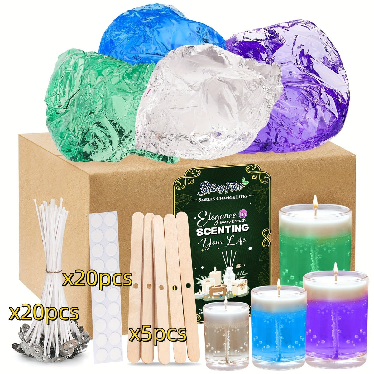BlingFun Gel Candle Making Kit 400g Clear Jelly Wax 4 Colors 20pcs Wicks 20pcs Stickers 5pcs Wick Holders DIY Scented Candle Kit for Home Decor Craft Projects Beginner Candle Supplies