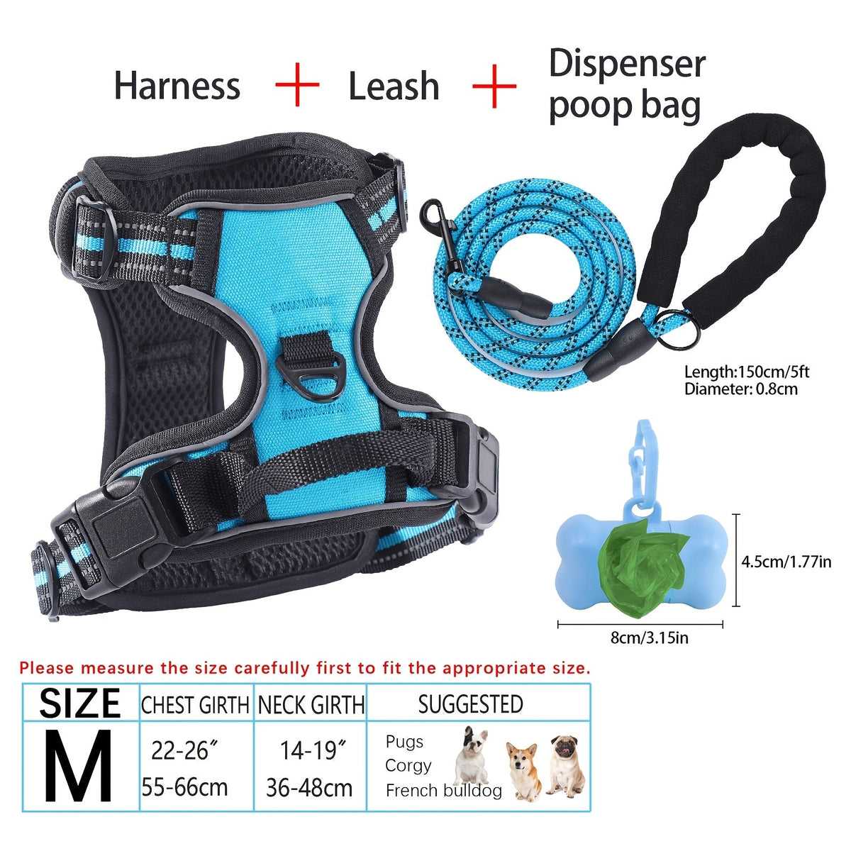 4-Piece Dog Harness and Leash Set No-Pull No-Choke Reflective Oxford Vest Harness with Leash Poop Bag Dispenser Easy Control Handle for Medium Large Dogs Outdoor Training Walking