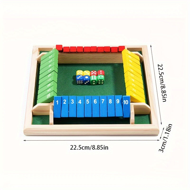 Wooden Number Dice Math Game – Four-Color Board with 8 Colorful Dice, Brain-Teasing Family Tabletop Toy, Party Game for Kids & Adults