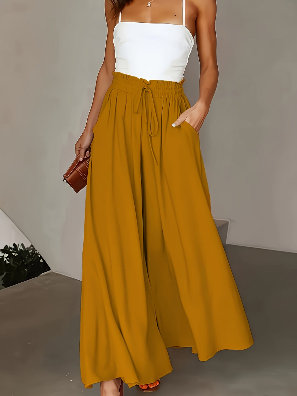 Women's High-Waist Wide-Leg Pants – Elegant Loose Fit Solid Color Flowy Trousers with Pockets for Spring Summer Office Casual
