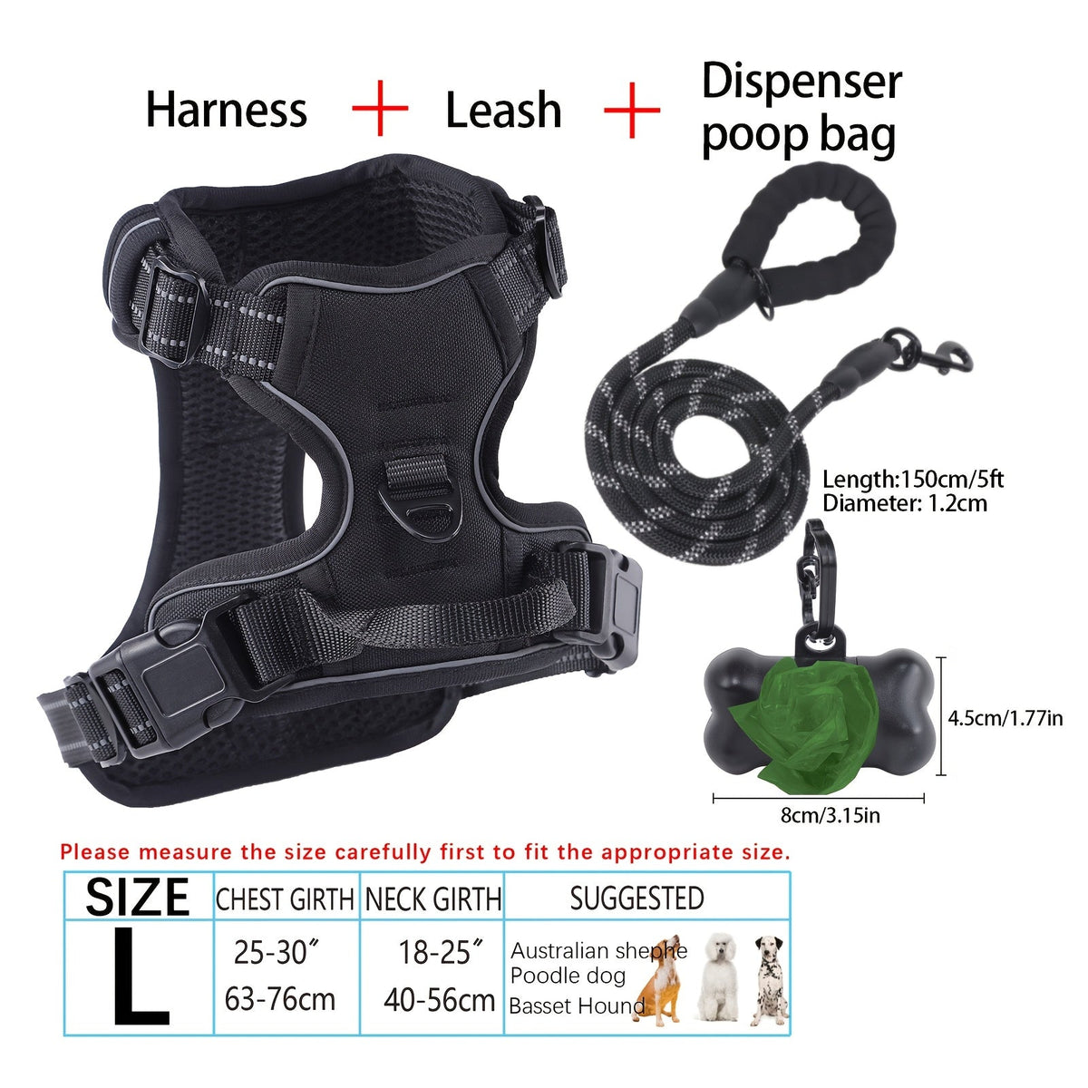 4-Piece Dog Harness and Leash Set No-Pull No-Choke Reflective Oxford Vest Harness with Leash Poop Bag Dispenser Easy Control Handle for Medium Large Dogs Outdoor Training Walking