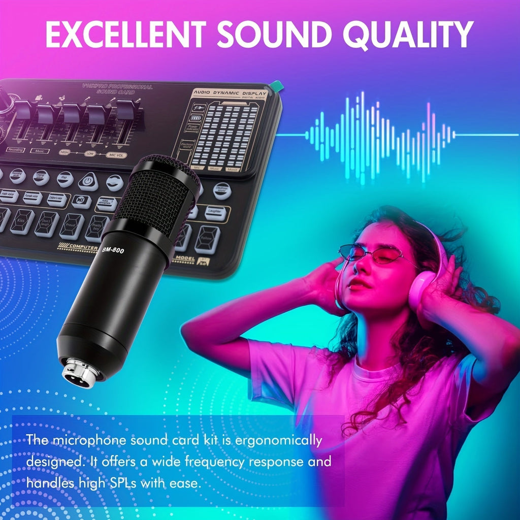 BM-800 Podcast Recording Studio Bundle with Live Sound Card, Voice Changer & Earphones – Complete Audio Interface Kit for Streaming, Vlogging & Live Broadcast, Multiple Models Available