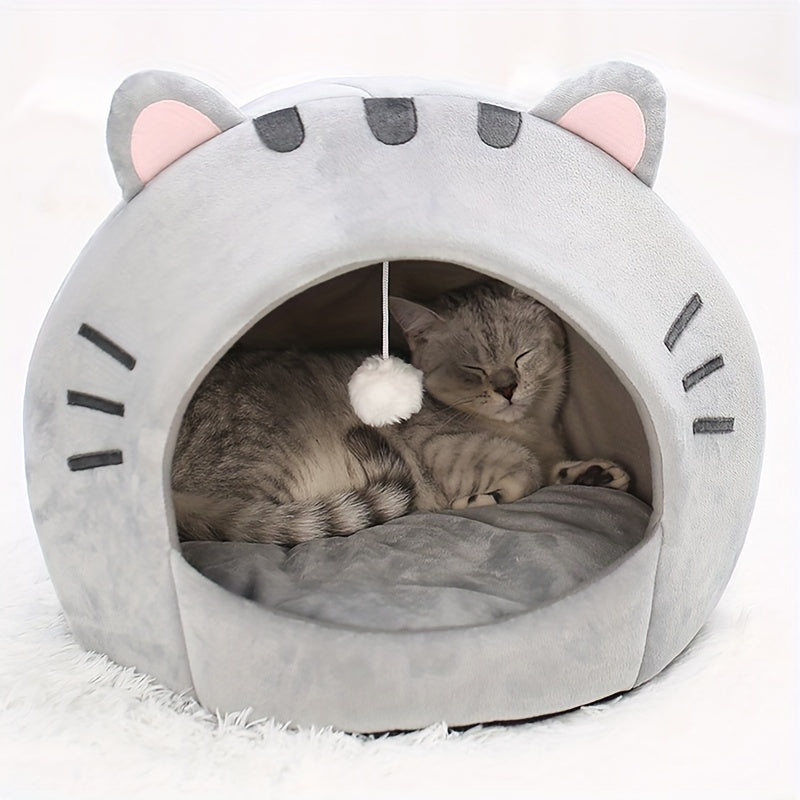 Cat Cave Bed Warm Cozy Kitten House with Removable Washable Cushion Cute Cat Ear Design Semi-Enclosed Indoor Cat Tent Bed for Small Cats and Kittens – Non-Slip Soft Plush Pet Sleeping Bed