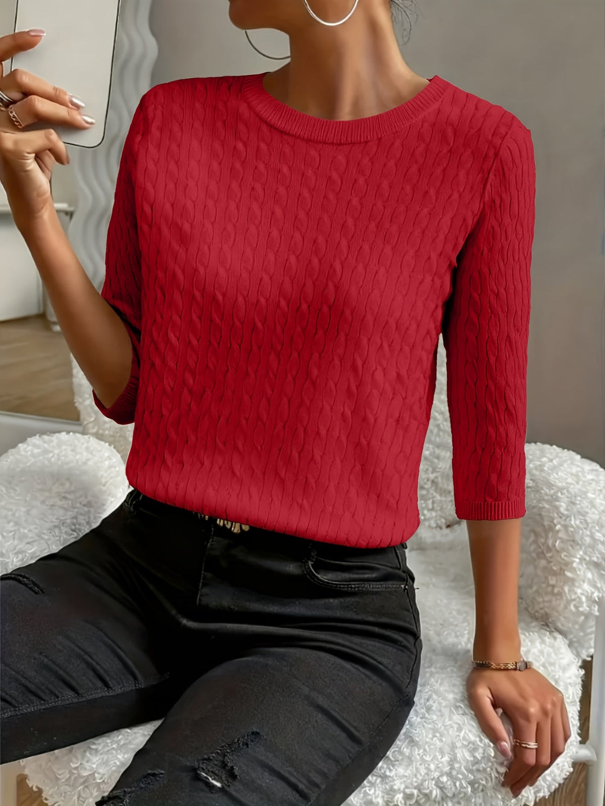 Women's Ribbed Three-Quarter Sleeve Pullover Sweater – Round Neck Solid Color Knit Top for Fall & Winter, Soft Stretch Versatile Everyday Style