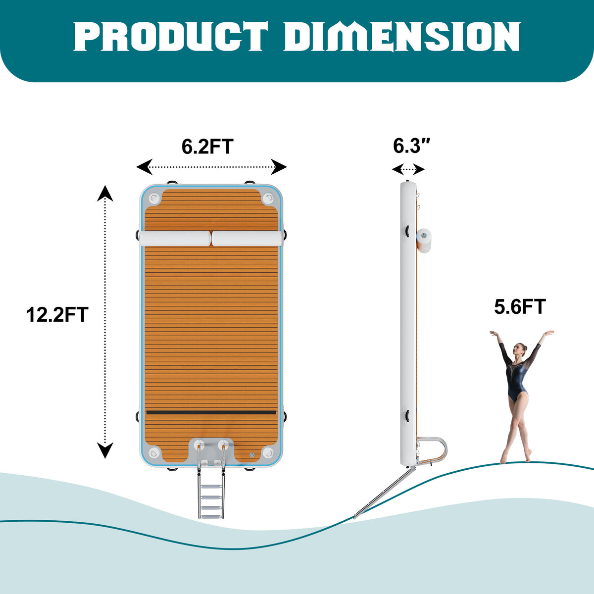 Inflatable Floating Dock Platform for Lake – Modular 12FT×6FT Drop Stitch PVC Swim Platform with D-Rings, Rope Ladder & Hand Pump, Non-Slip Water Mat for Adults & Kids