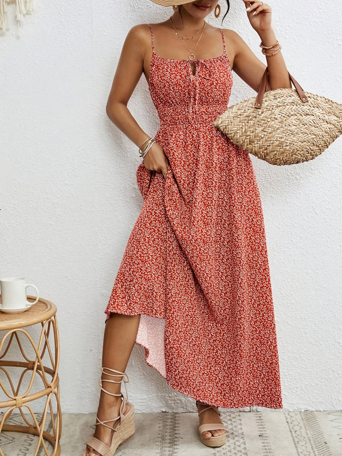 Women's Sleeveless Spaghetti Strap Summer Dress All-Over Print Tie Detail Boho Sundress Green Navy Blue Yellow Rose Red S M L XL XXL