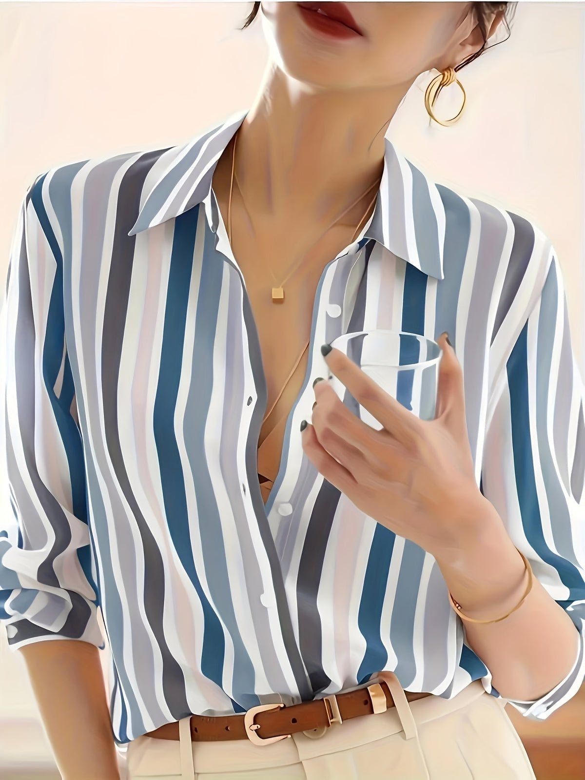 Women's Casual Striped Button-Up Shirt | Classic Lapel Long Sleeve Top for Spring Summer Autumn | Elegant Fashion Blouse for Women | Versatile Casual & Office Wear Clothing