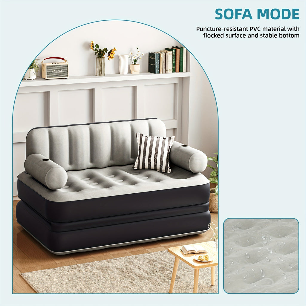 Inflatable Air Sofa Bed 2-in-1 Queen Size – Portable Blow Up Couch & Airbed with Headboard, Cup Holders, External Pump & Storage Bag, 440 lb Capacity for Home, Camping & Guests