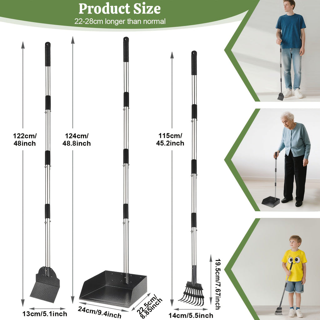 Heavy-Duty Dog Pooper Scooper with 48" Extended Handle – Stainless Steel Swivel Tray, Rake & Spade Set for Grass, Dirt & Gravel, No-Bend Pet Waste Removal for All Dog Sizes (2/3 Piece Set)