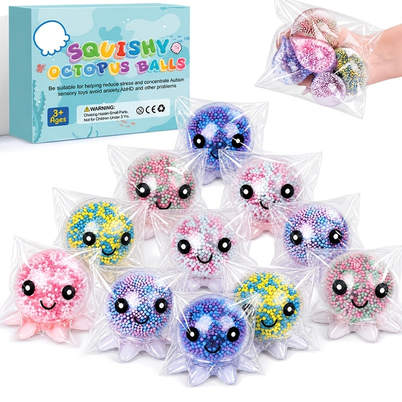Squishy Stress Balls Octopus Shape 3 or 5 Pack Bead Filled Sensory Fidget Squeeze Toys for Kids Adults Anxiety Relief Colorful Transparent Party Favors Stocking Stuffers Halloween Christmas Gifts