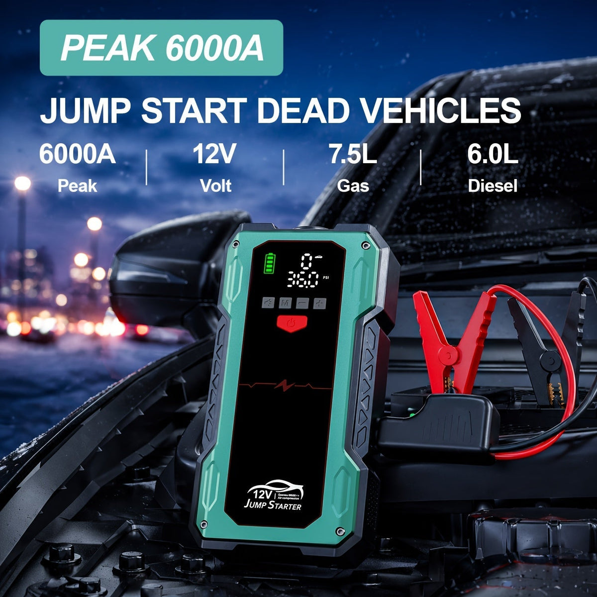 6000A/9000A Portable Jump Starter with 150 PSI Air Compressor – 7-in-1 Jump Box with Digital Tire Inflator & Battery Pack for Gas (10L) & Diesel (9.0L) Engines, Car Jumper Starter with USB Ports