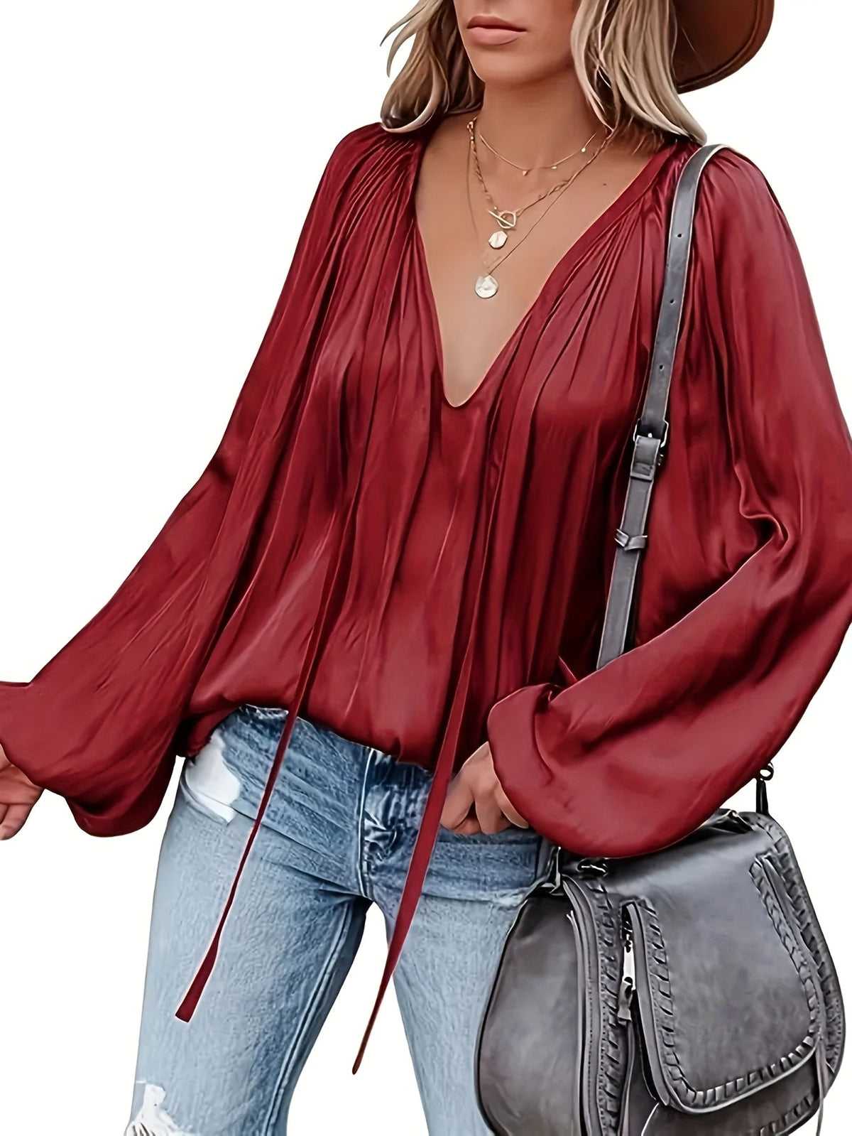 Women's Tie Neck Lantern Sleeve Blouse - Solid Color Ruched Loose Fit Casual Long Sleeve Top for Spring Fall | Comfortable Everyday Wear S-XXL