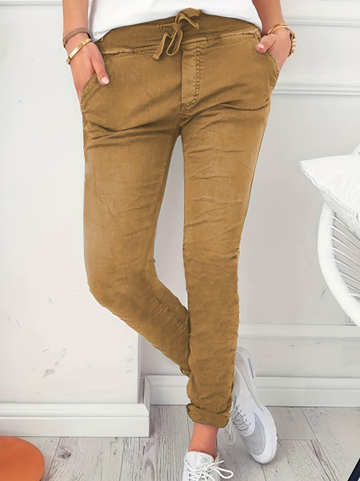 Women's Skinny Pants Elastic Drawstring Waist Slim Fit Long Length Casual Pants Black Navy Apricot Olive Green S M L XL XXL Spring Fall