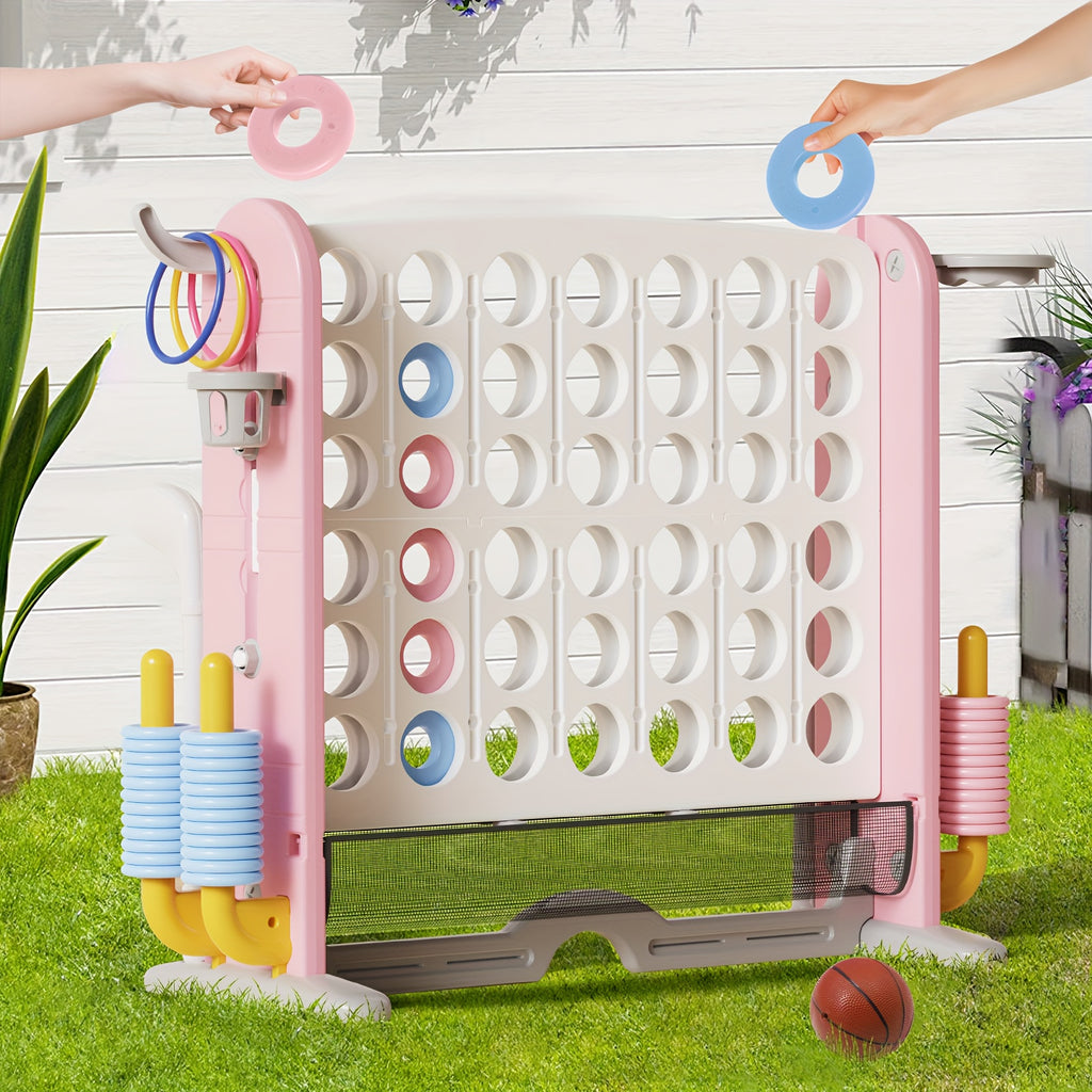 4-in-1 Giant Connect Four Game Set Adjustable Height Basketball Hoop Golf Ring Toss Kids Adults Indoor Outdoor Family Party Color Learning Educational Toy Gift