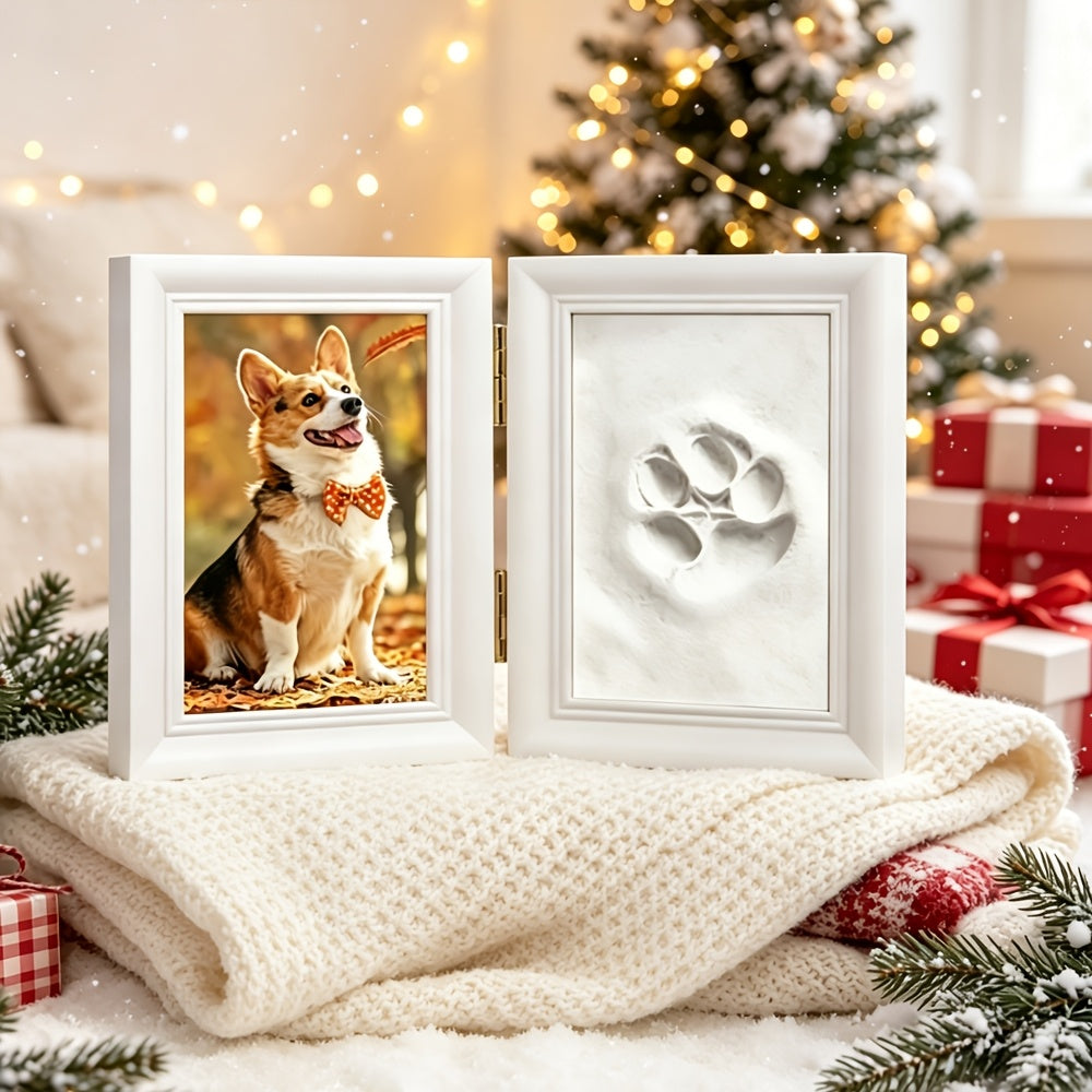 Pet Paw Print Photo Frame with Clay Impression Kit - Foldable Desktop Memorial Frame for Dogs & Cats, Personalized Pet Keepsake Gift for First Anniversary & Pet Loss Tribute (White/Black/Wood)