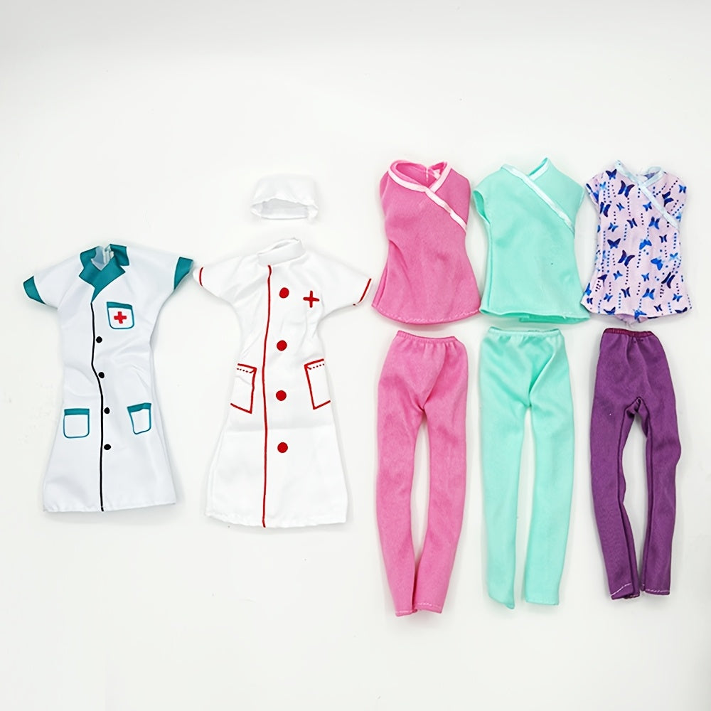 Doll Nurse & Doctor Uniform Clothes Set 5 Pieces for 11.5 Inch Dolls - Fashion Role Play Dress Up Accessories Compatible with Barbie, Medical Costume Outfits, Birthday Gift for Girls Ages 3+