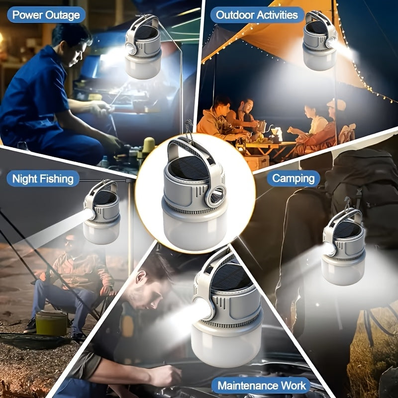 Solar Rechargeable LED Camping Lantern 6 Modes - USB Power Bank, Hook, 4-8 Hour Battery, Portable Outdoor Light for Tent Camping, Hiking, Mountaineering & Emergency