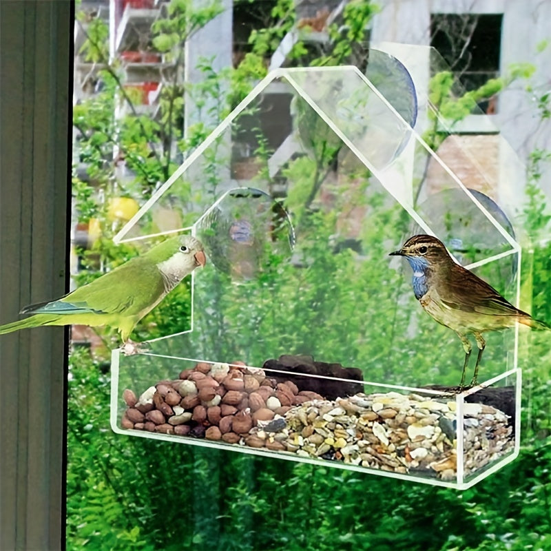 Acrylic Window Bird Feeder House-Shaped Transparent Seed Tray with Suction Cups for Secure Mounting – Clear View Wild Bird Feeder for Backyard Garden Bird Watching