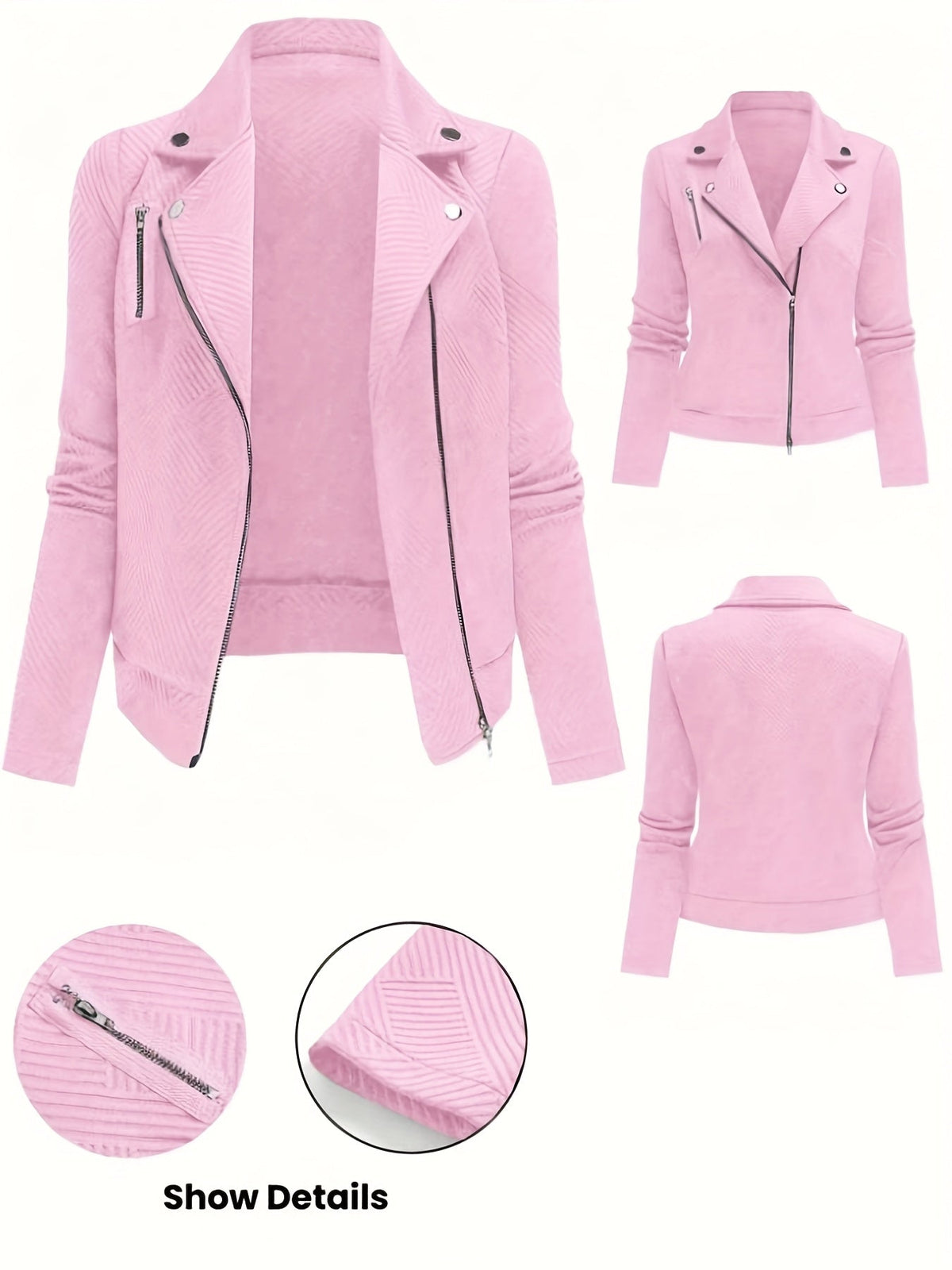 Women's Solid Color Biker Jacket Zipper Button Maze Grid Moto Coat - Stylish Casual Outerwear for Fall Winter Daily Commute Streetwear Top