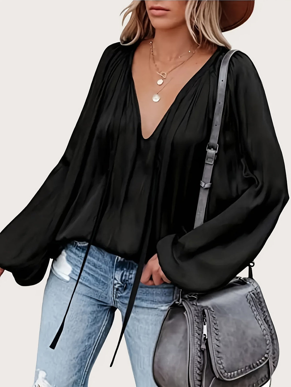 Women's Tie Neck Lantern Sleeve Blouse - Solid Color Ruched Loose Fit Casual Long Sleeve Top for Spring Fall | Comfortable Everyday Wear S-XXL