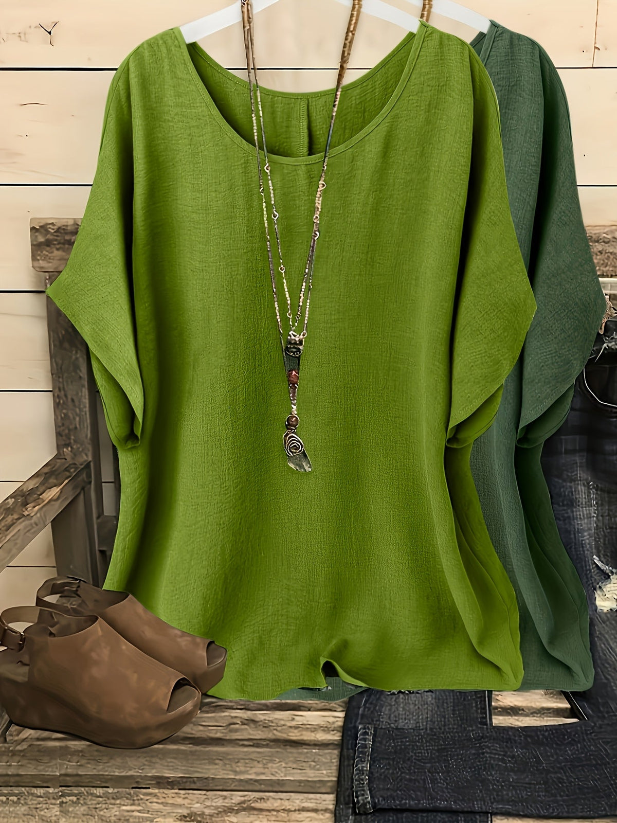 Women's Batwing Sleeve Shirt 2pcs Set Casual Vacation Round Neck Solid Color Loose Top S-XXL Multiple Colors | US Warehouse Fast Shipping