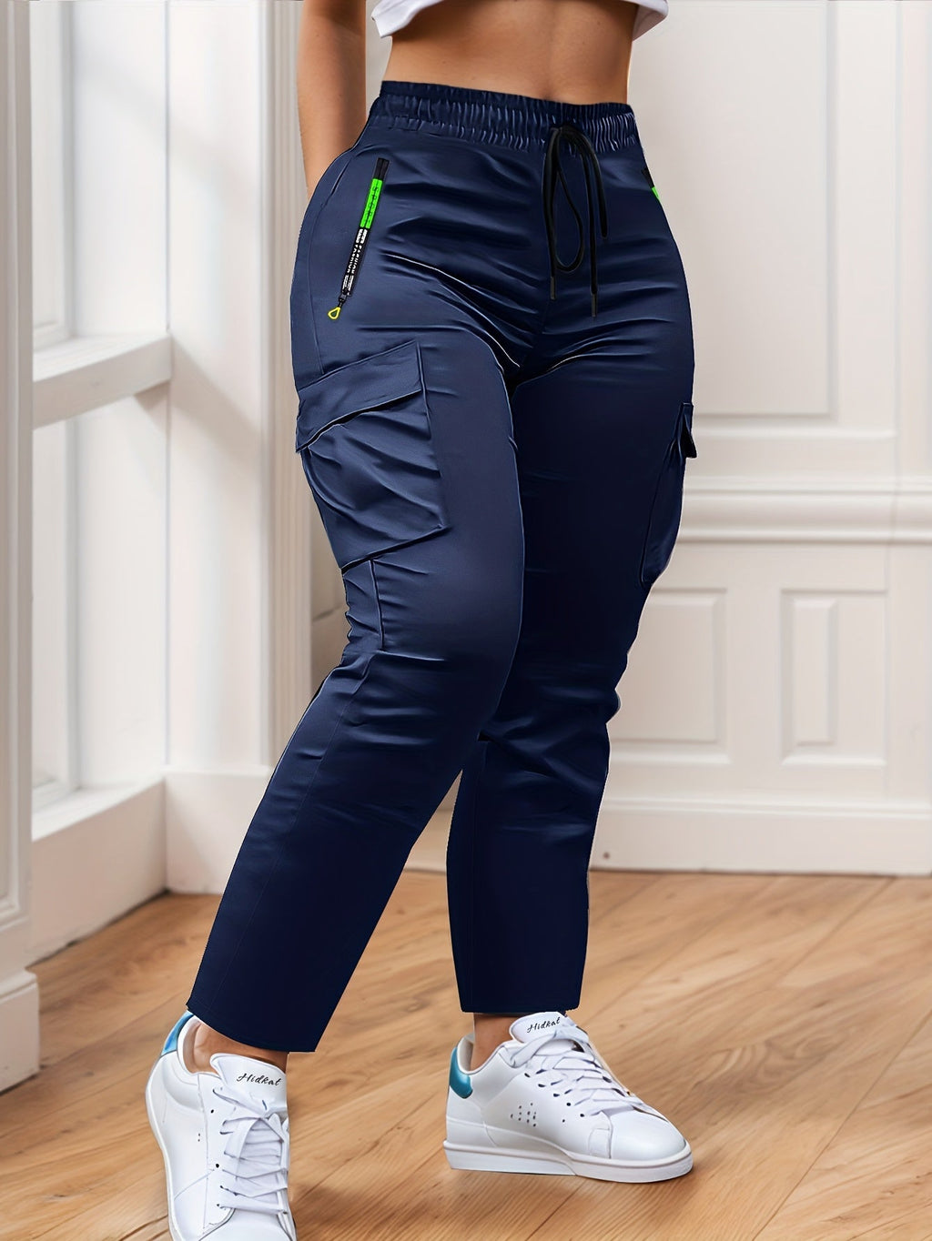 Women's Multi-Pocket Cargo Pants – Neon Green Zipper Accents, Drawstring Waist, Full-Length Outdoor Travel Trousers, 4 Colors, Sizes XS-XXL, Spring Fall Casual Streetwear