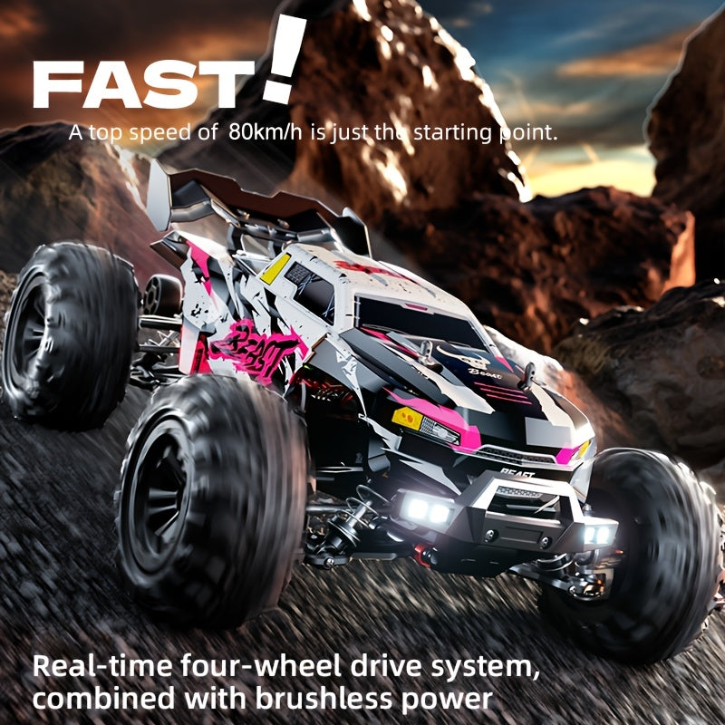 80KM/H 4WD RC Off-Road Truck - Full Proportional Control, Metal Gears & Differential, Independent Suspension, LED Lights, Wheelie Bar, All-Terrain Professional RC Car - Pink