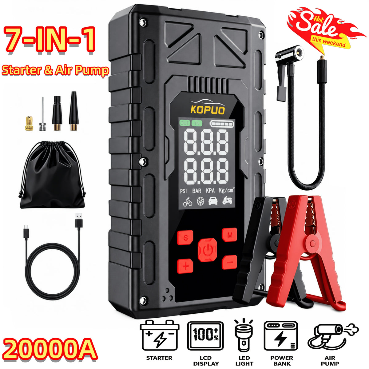 Portable Car Jump Starter with Air Compressor 20000A Peak 7-in-1 Battery Booster Pack with 150PSI Tire Inflator, Power Bank, LED Light & LCD Display – 12V Emergency Roadside Kit for Car SUV Truck