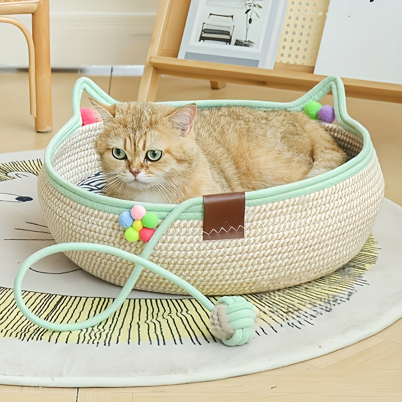 2-in-1 Cat Scratching Board & Bed Combo with Ball Toy – Durable Reusable Cardboard Scratcher Mat, Space-Saving Natural Style Cat Furniture for Indoor Cats, Small Dogs & Multi-Pet Households
