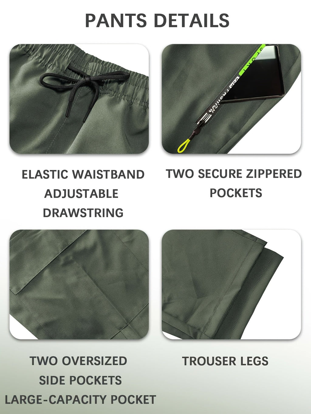 Women's Multi-Pocket Cargo Pants – Neon Green Zipper Accents, Drawstring Waist, Full-Length Outdoor Travel Trousers, 4 Colors, Sizes XS-XXL, Spring Fall Casual Streetwear