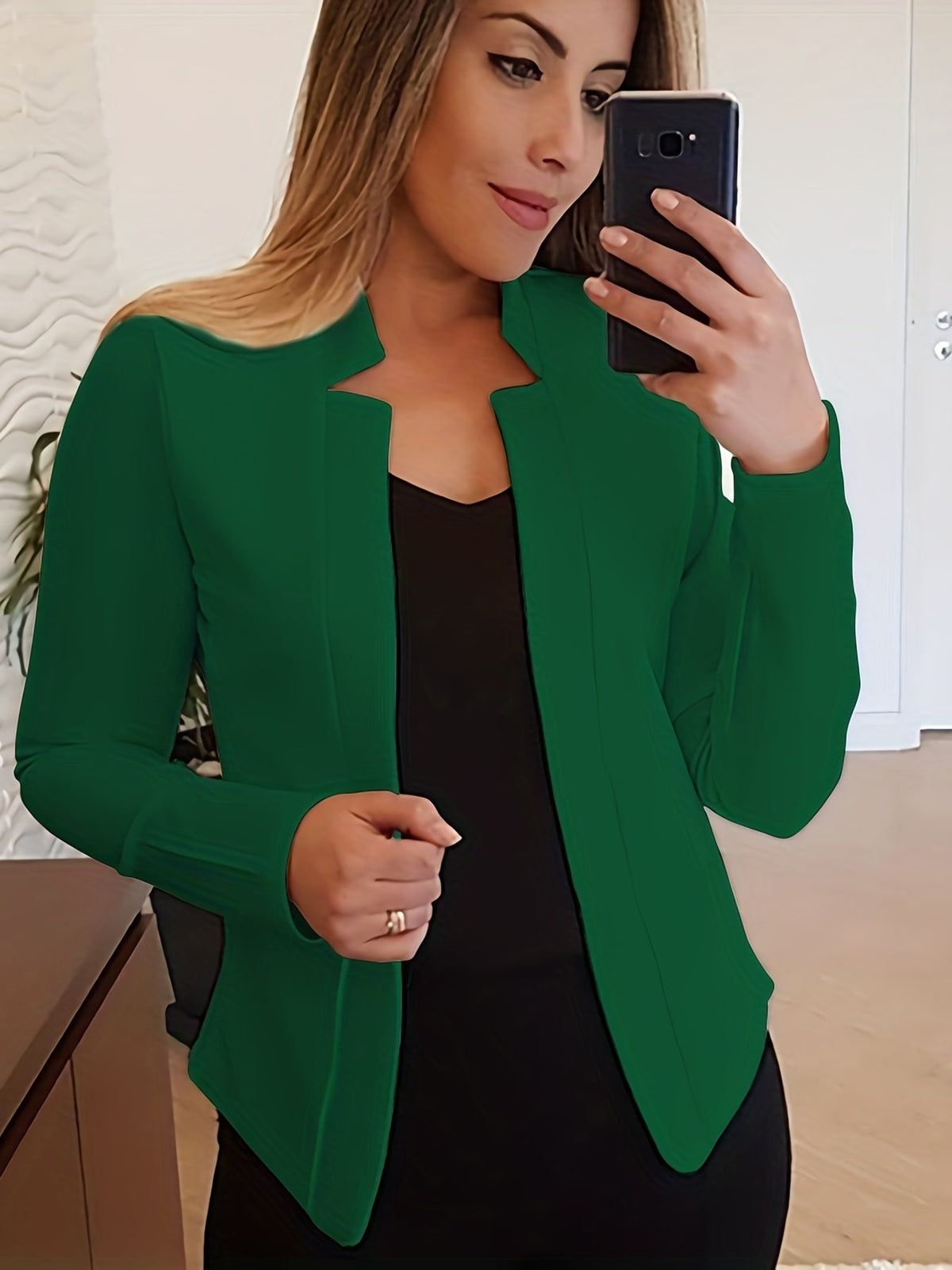 Women's Open Front Blazer Jacket – Loose Fit Notch Lapel Long Sleeve Knit Stretch Casual Chic Blazer with Chest Pocket for Work Office
