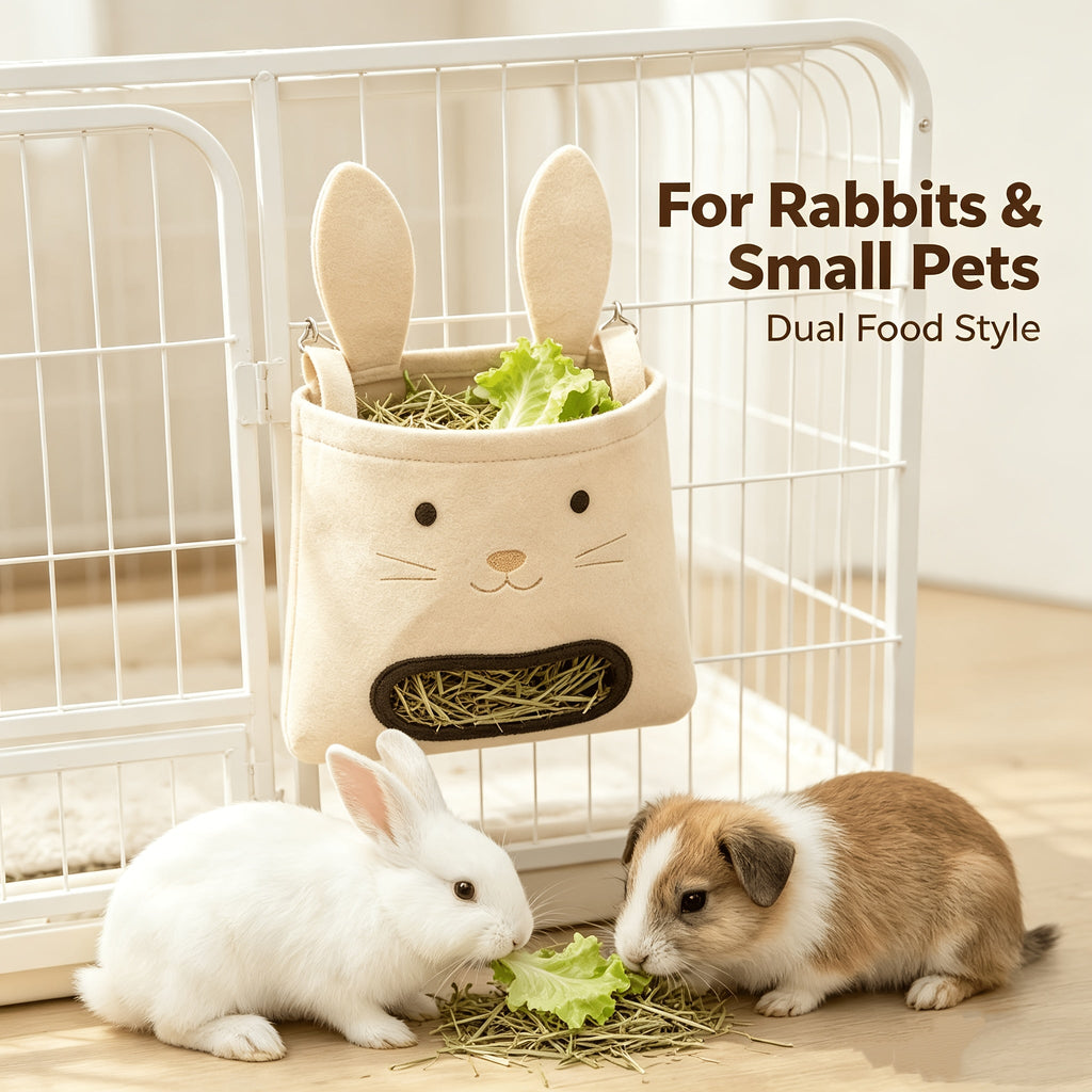 Hanging Hay Feeder for Rabbits Guinea Pigs & Small Animals - Large Capacity Rabbit Face Design, Anti-Tip, Easy Hang Chain, Indoor Outdoor Cage Food Bowl for Rabbits, Guinea Pigs, Kittens & Cats