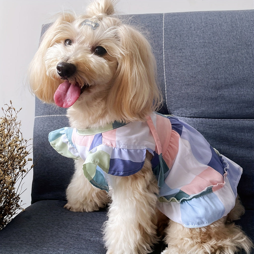Pet Plaid Skirt Dress V-Neck Flutter Sleeve Tie-Up for Dogs and Cats – Breathable Vacation Style Summer Outfit, XS to XXL, Cute Floral Sundress for Small Medium Pets, Mixed Colors