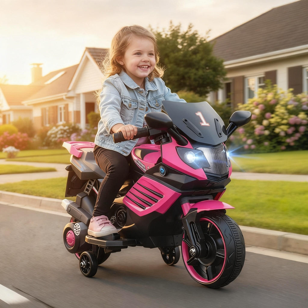 6V Kids Ride On Motorcycle Electric Motorbike with Detachable Training Wheels LED Headlights Music Anti-Skid Wheels Comfortable Saddle Seat Gift for Boys Girls Ages 3 and Up Pink