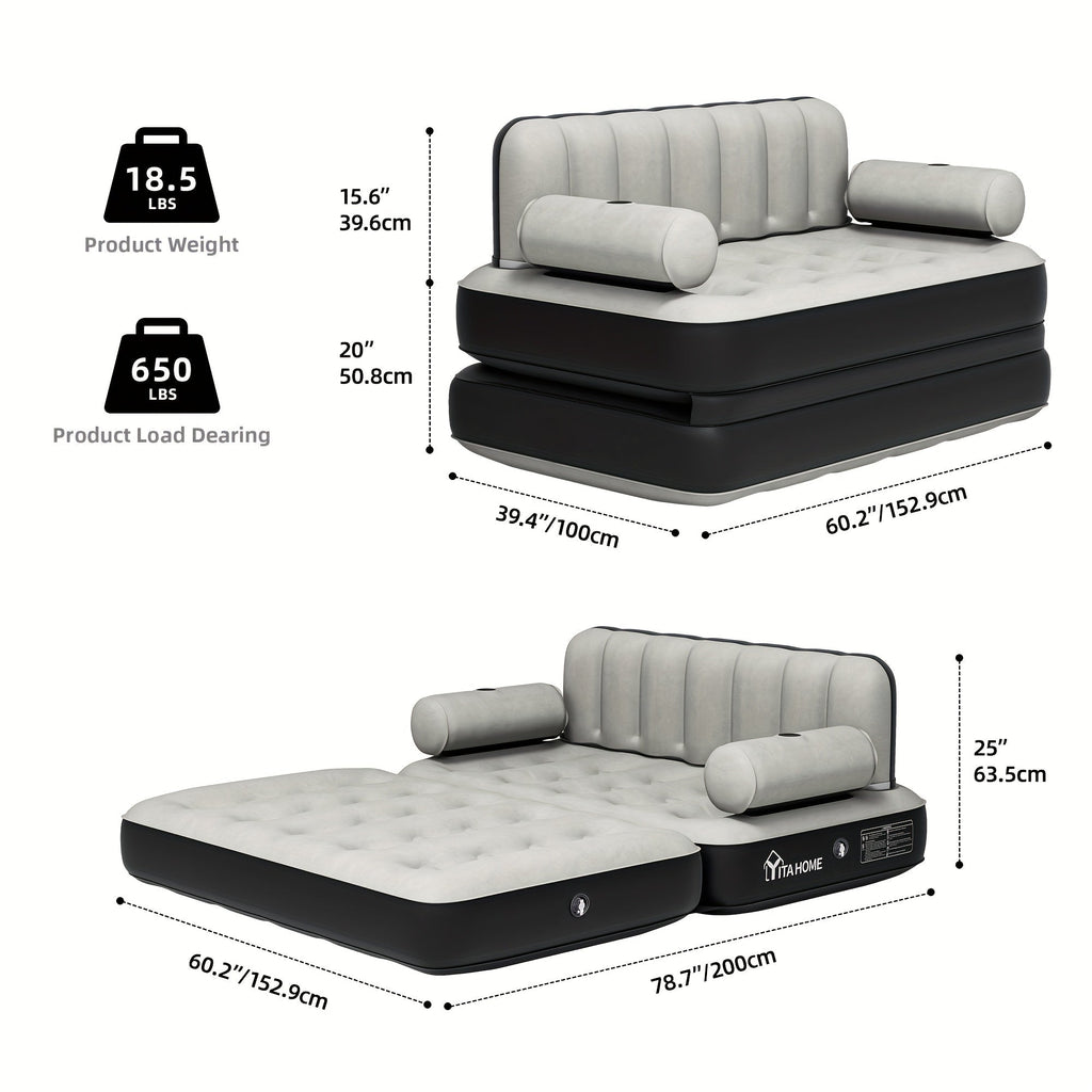 Inflatable Air Sofa Bed 2-in-1 Queen Size – Portable Blow Up Couch & Airbed with Headboard, Cup Holders, External Pump & Storage Bag, 440 lb Capacity for Home, Camping & Guests