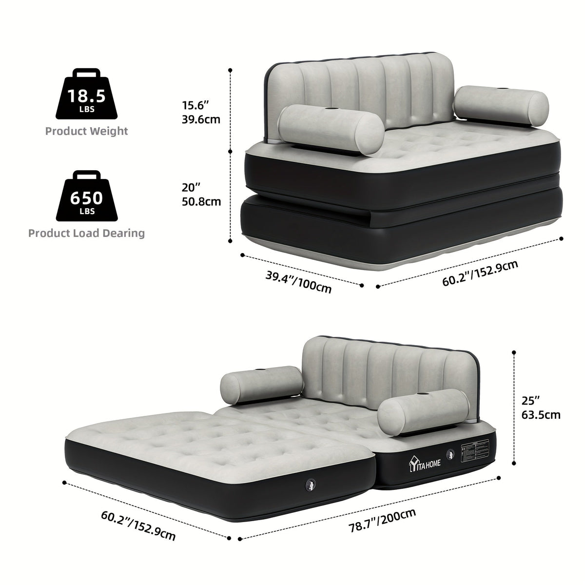 Inflatable Air Sofa Bed 2-in-1 Queen Size – Portable Blow Up Couch & Airbed with Headboard, Cup Holders, External Pump & Storage Bag, 440 lb Capacity for Home, Camping & Guests
