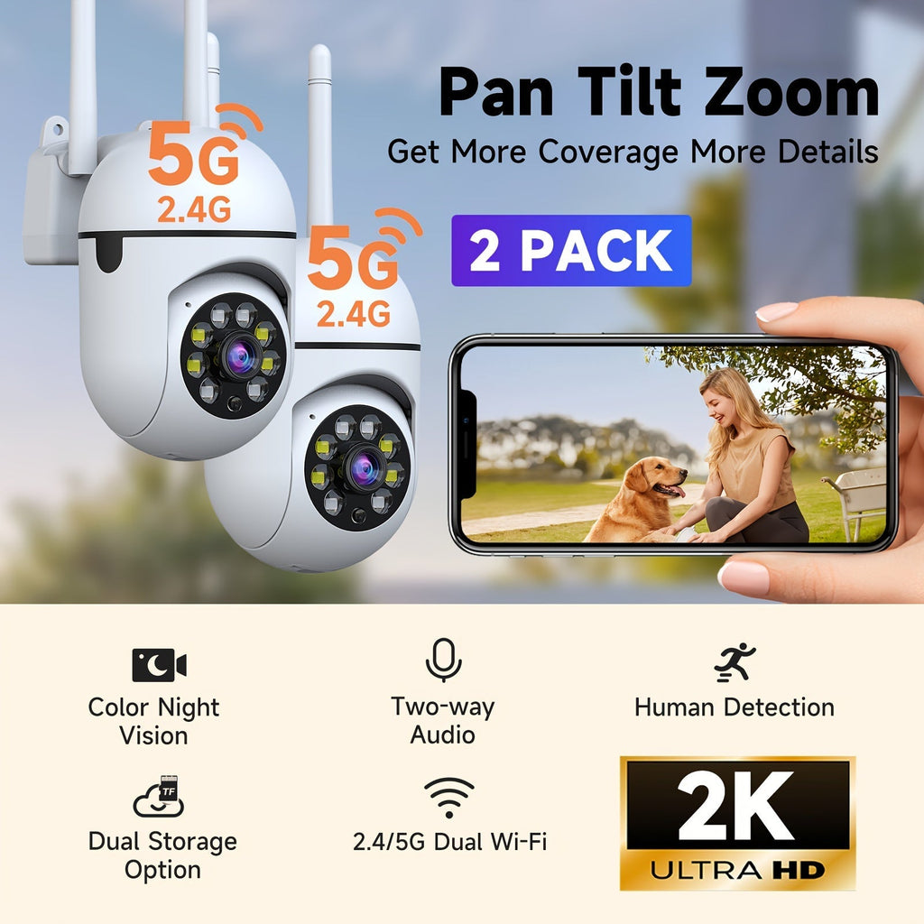 2-Pack WiFi Security Camera 2K QHD PTZ 355° Pan – Dual-Band 2.4G/5G AI Motion Detection, Color Night Vision, Two-Way Audio, Cloud & SD Storage, Baby Monitor, Indoor Home Surveillance Camera