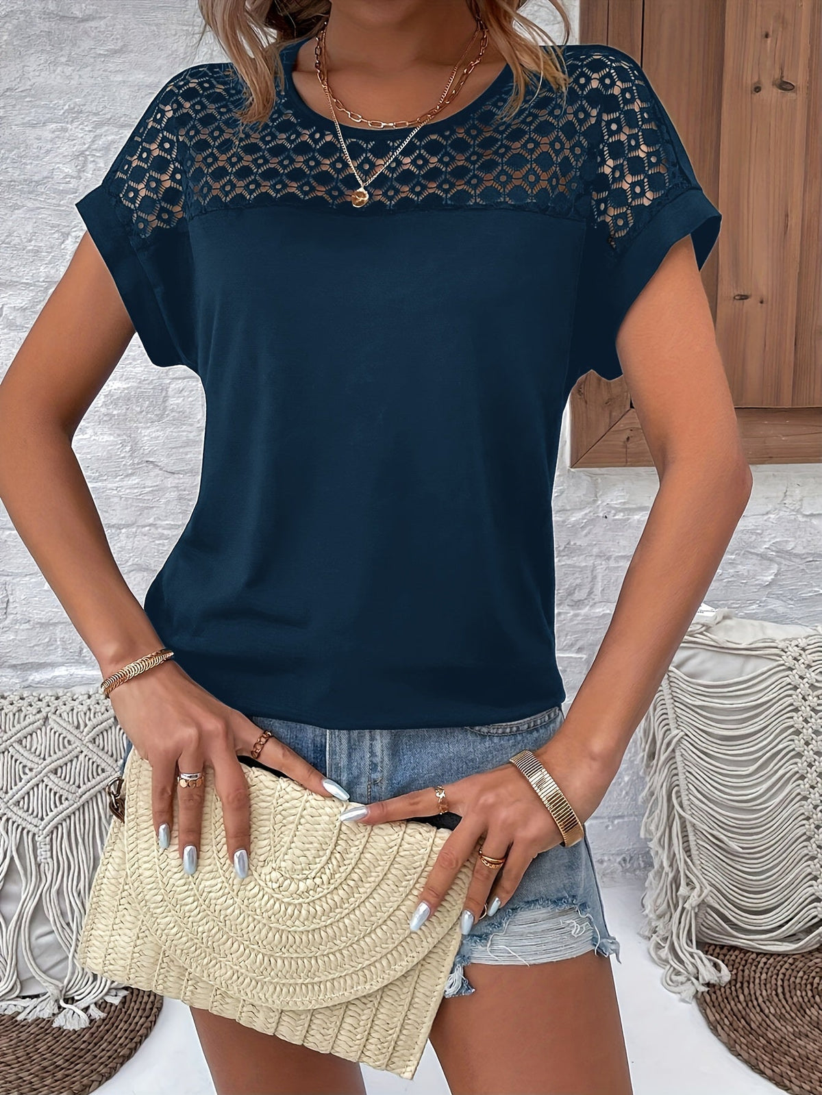 Lace Off Shoulder T-Shirt Women Vacation Batwing Short Sleeve Tops Casual Summer Loose Fit Elegant Floral Lace Tee Shirt Multiple Colors S M L XL