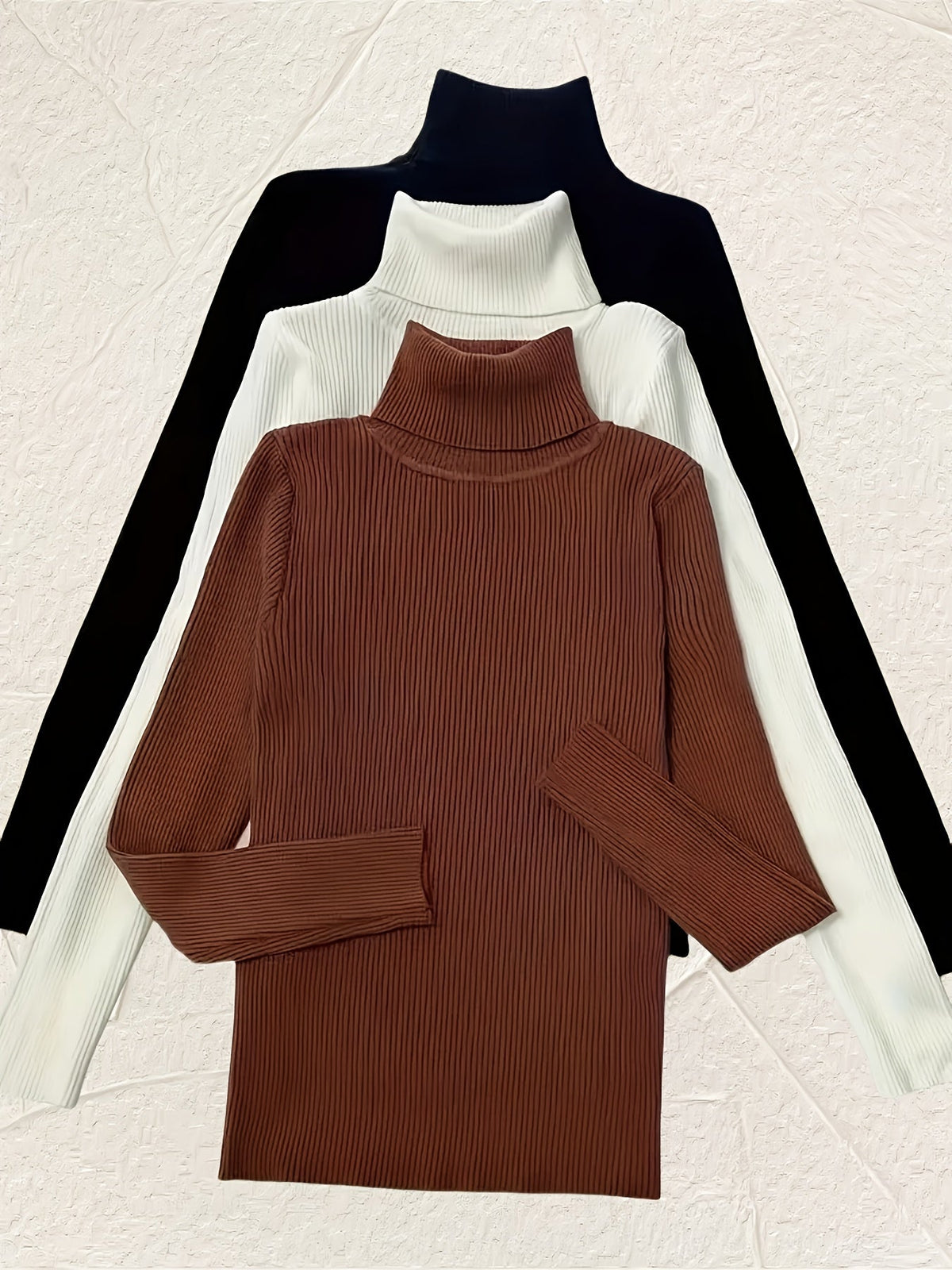 Women's 3-Piece High Collar Pullover Set – Soft High-Stretch 60% Elastane Solid Color Turtleneck Tops Bundle in Mixed Colors for Everyday Wear