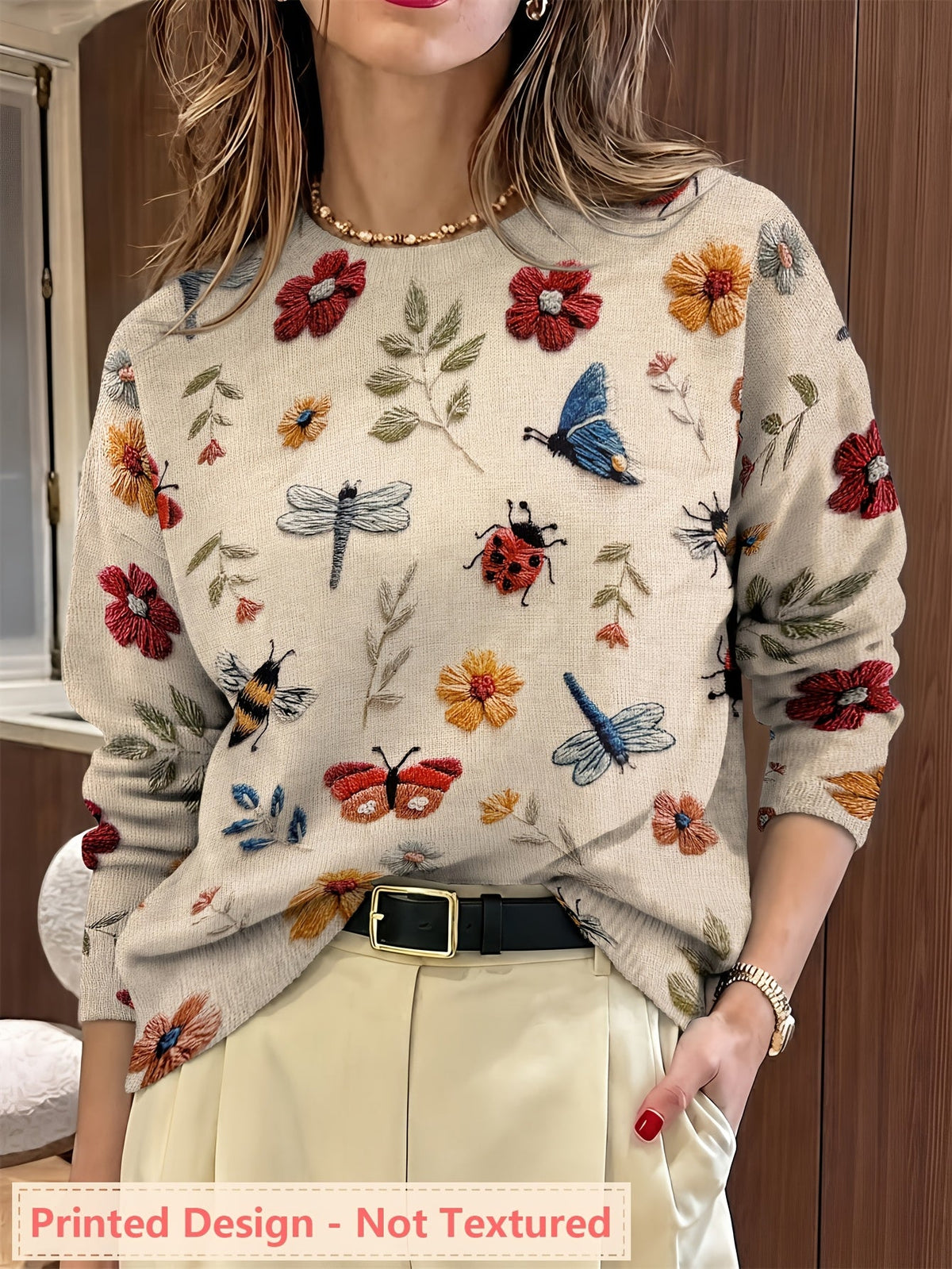 Women's Insect Floral Print Sweater Casual Long Sleeve Crew Neck Pullover Knit Top for Autumn Winter | Lightweight Soft Stretch All-Over Pattern