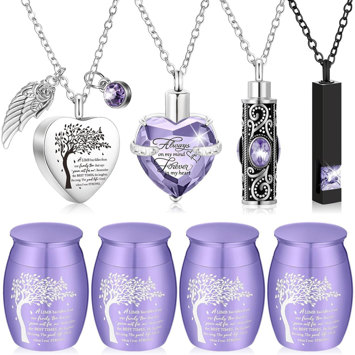8-Piece Small Cremation Urns for Ashes – Alloy Keepsake Ash Holder Set with Family Tree Memorial Heart Locket Pendant for Adults Men & Women, Burial & Cremation Remembrance Gift, 8 Colors