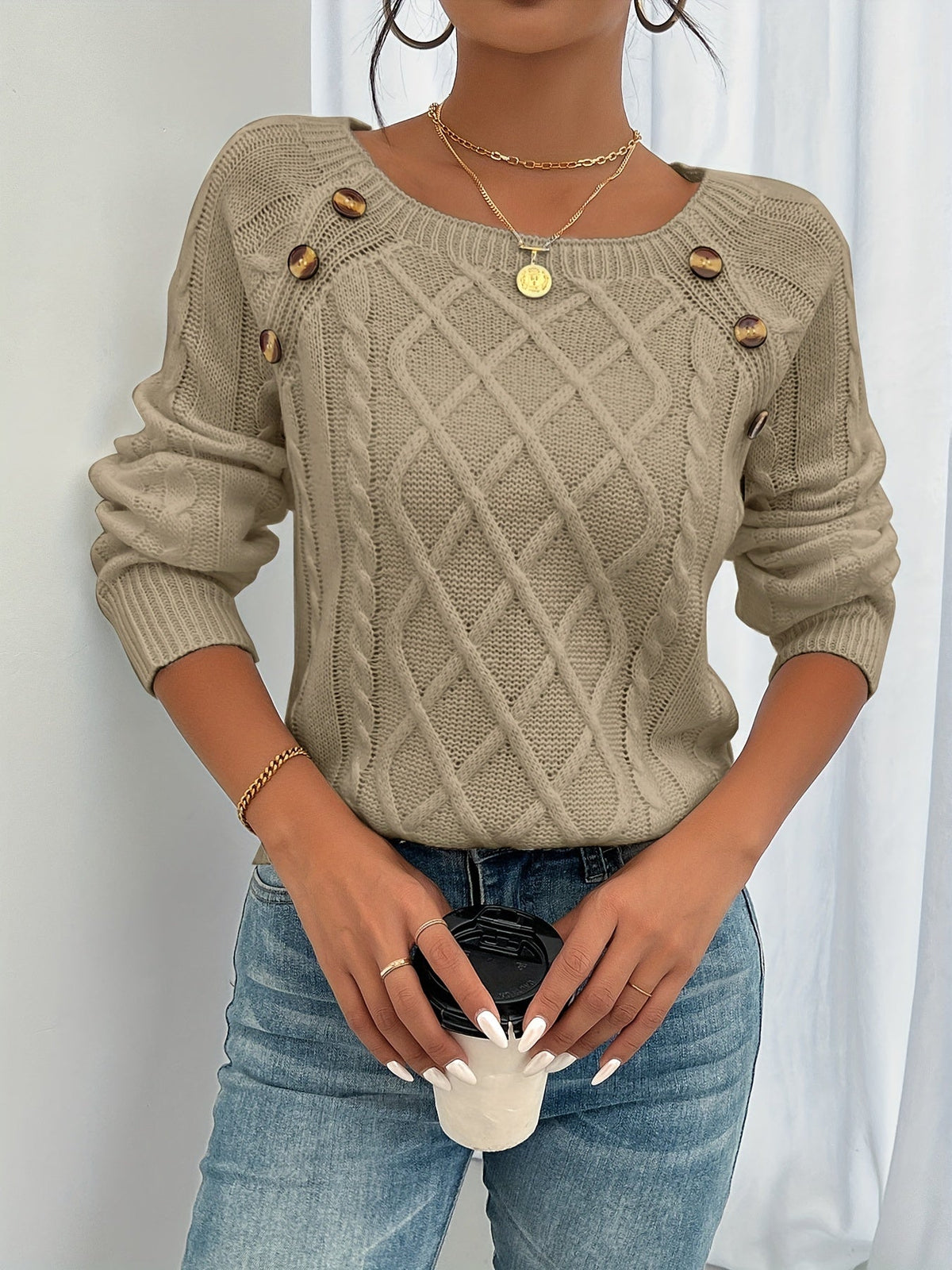 Women's Round Neck Lantern Sleeve Sweater Textured Button Knit Pullover Top for Fall Winter S M L XL XXL Multiple Colors