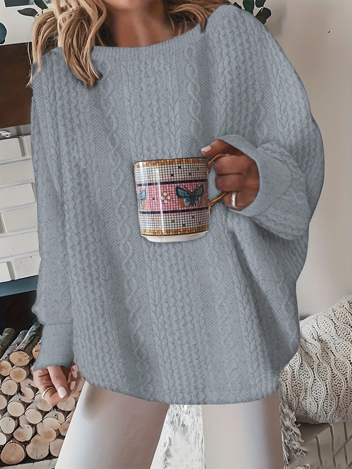 Women's Oversized Cable Knit Pullover Sweater Round Neck Long Sleeve Loose Cozy Chunky Knit Top for Fall Winter Casual White Grey Black