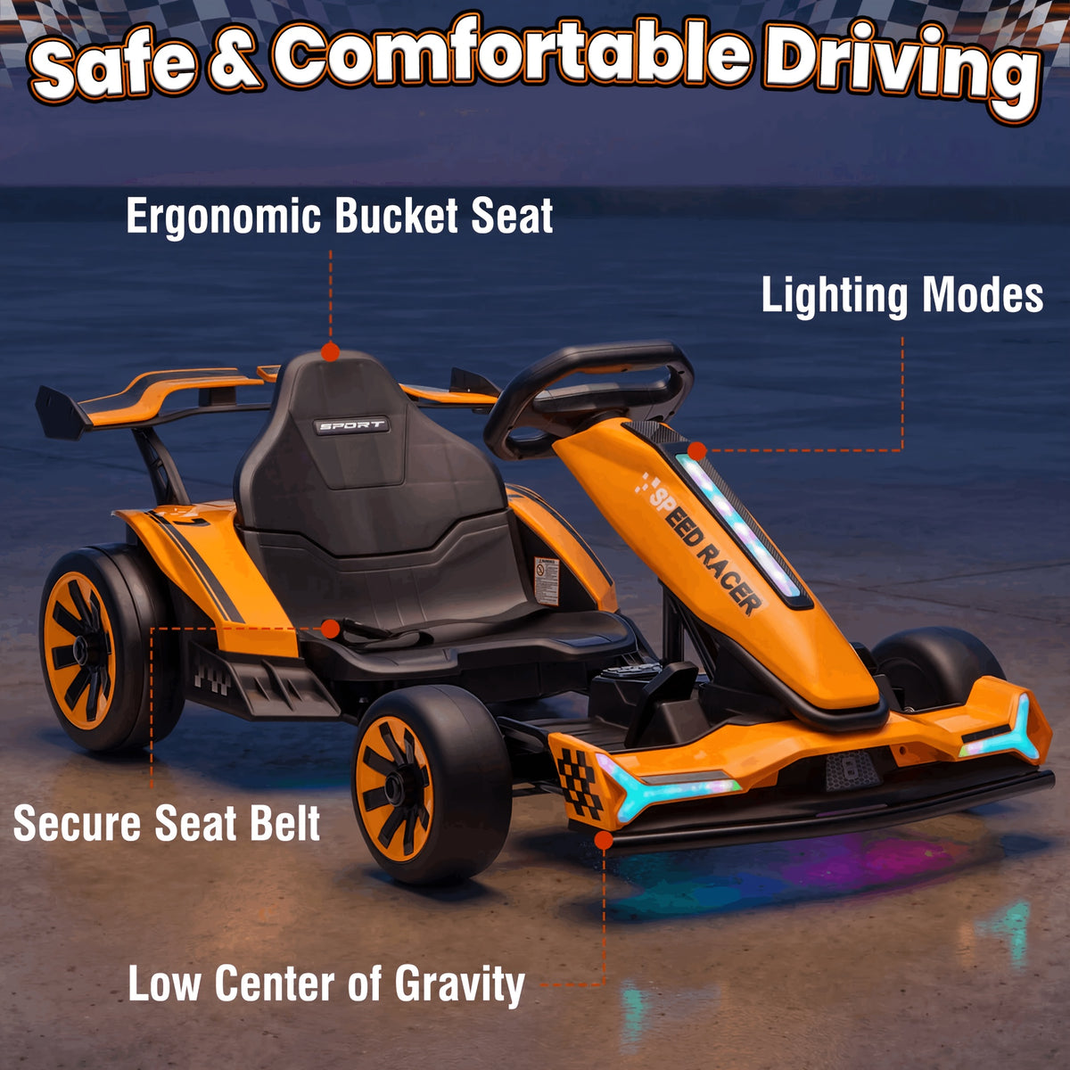 24V Electric Kids Go-Kart Drift Cart, 360 Degree Drift Mode, High Speed Racing with Soft Start, Music, Safety Belt, Metal Frame, Dual Brake for Boys Girls Ages 6 and Up, Birthday Christmas Gift, Black White Red Orange Silver