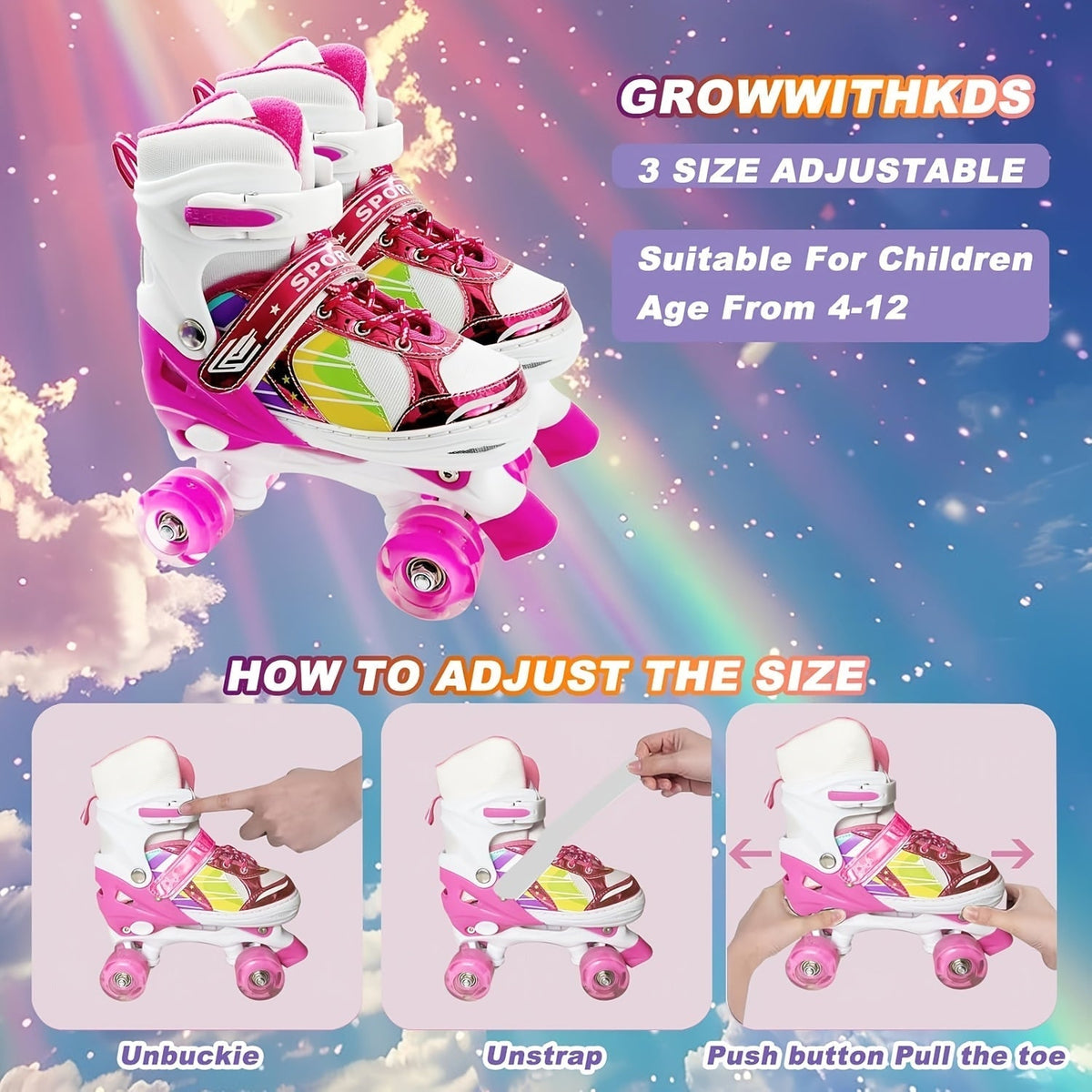 Kids Adjustable Roller Skates 3 Fit Levels Breathable Mesh Beginner Children Roller Skates 6 Colors Small Medium Large Little Kid Big Kid Youth Sizes Boys Girls Outdoor Indoor Skating
