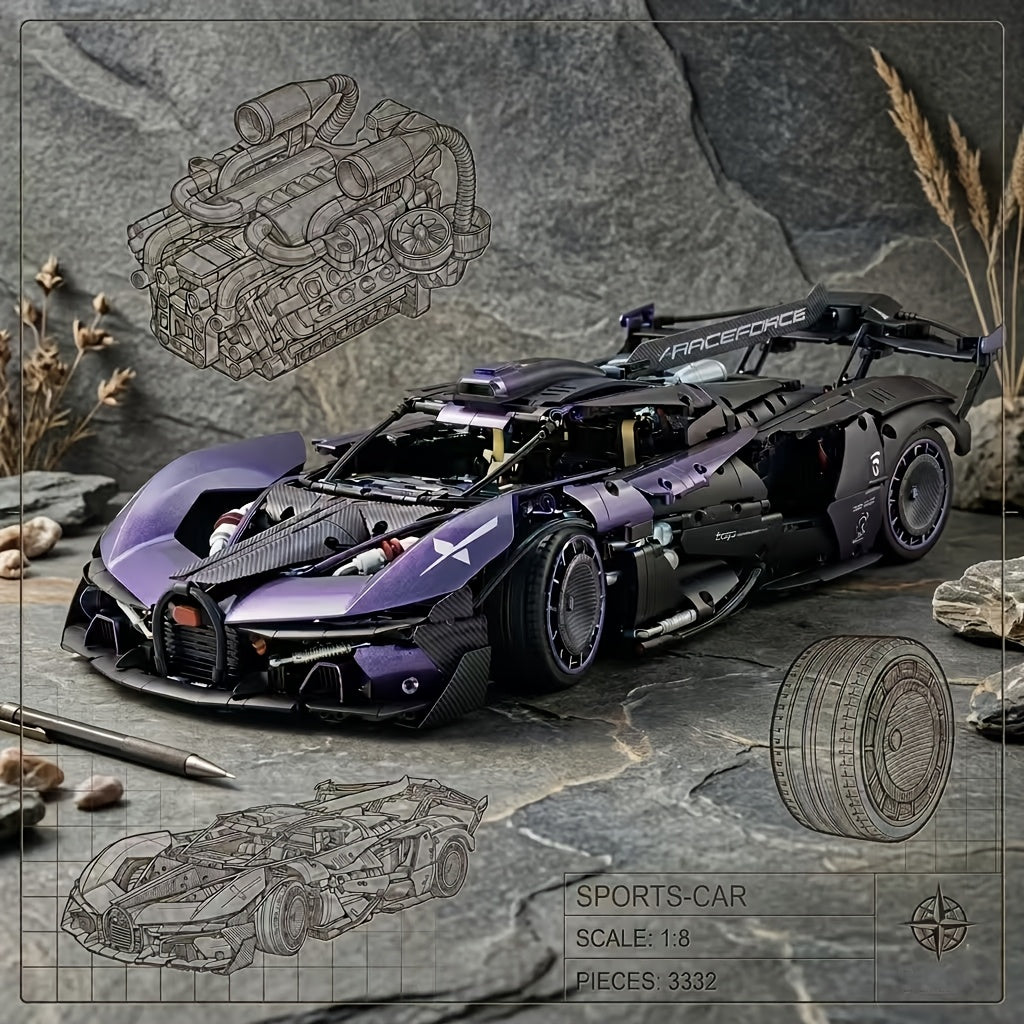 3332 Piece 1:8 Scale Supercar Building Blocks Set – Dark Purple Limited Edition Muscle Car Model Kit, Streamlined Body, Modular Design, Collectible Display Gift for Car Enthusiasts Boys & Adults