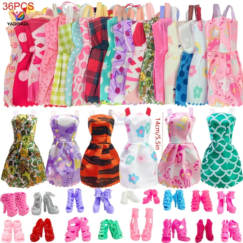 36-Piece Doll Clothes & Jewelry Set for 11.5" Fashion Dolls – Complete Outfits with Skirts, Shoes, Crown & Magic Staff, Random Color Mix, Girls Gift
